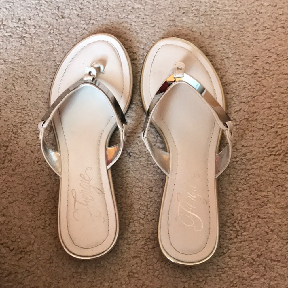 White flip-flops with metallic straps